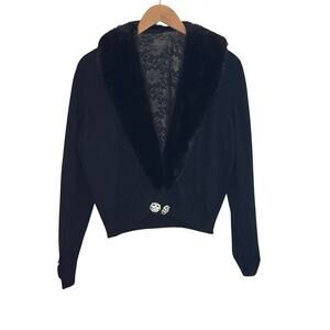 Vintage Maurice Bruder 2 ply cashmere black sweater mink collar rhinestone clasp